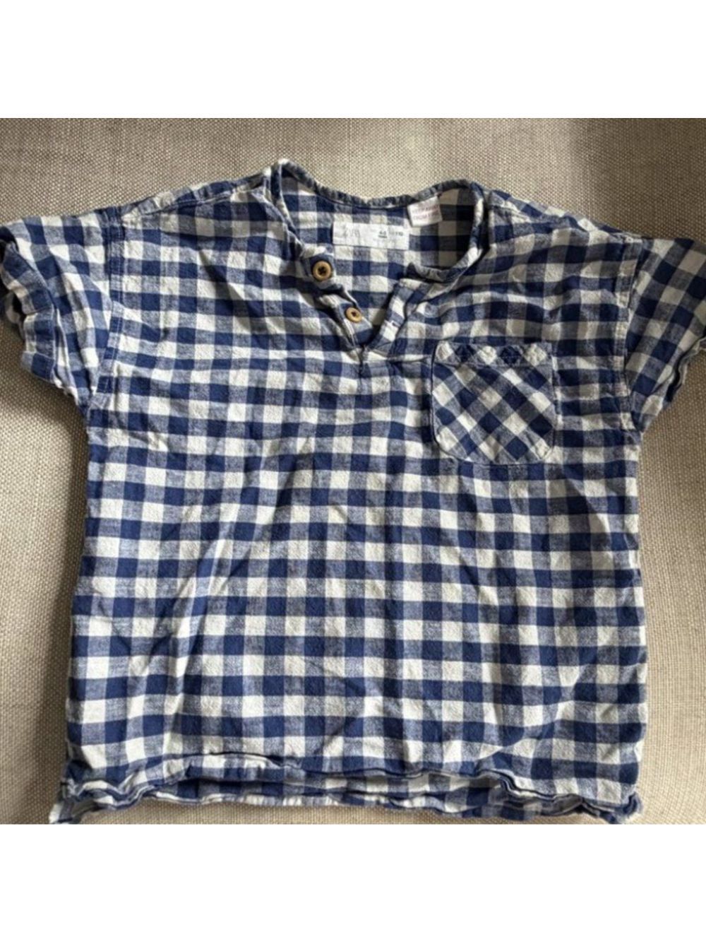 Zara Kids Navy Blue Gingham Check Short Sleeve Button Up Shirt Size 4-5